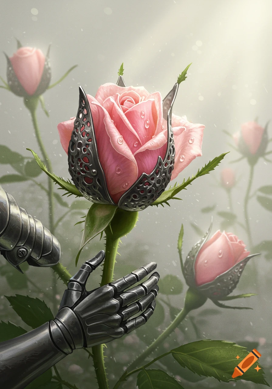 Photorealistic pink rose with water droplets encased in dark metallic armor, with robotic hands reaching towards it in a garden.