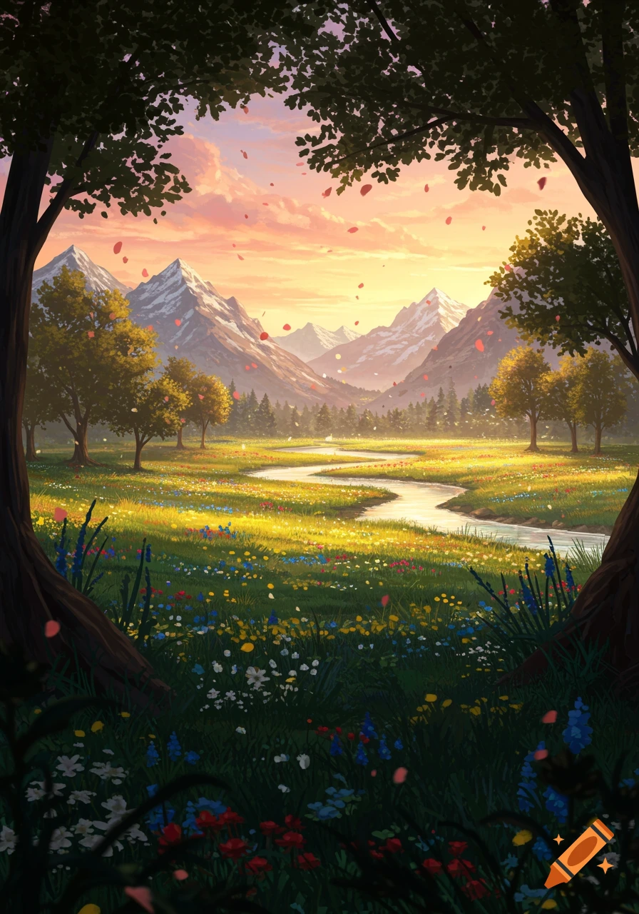 Illustrated valley landscape with a river, wildflower fields, snow-capped mountains at sunset, framed by trees.