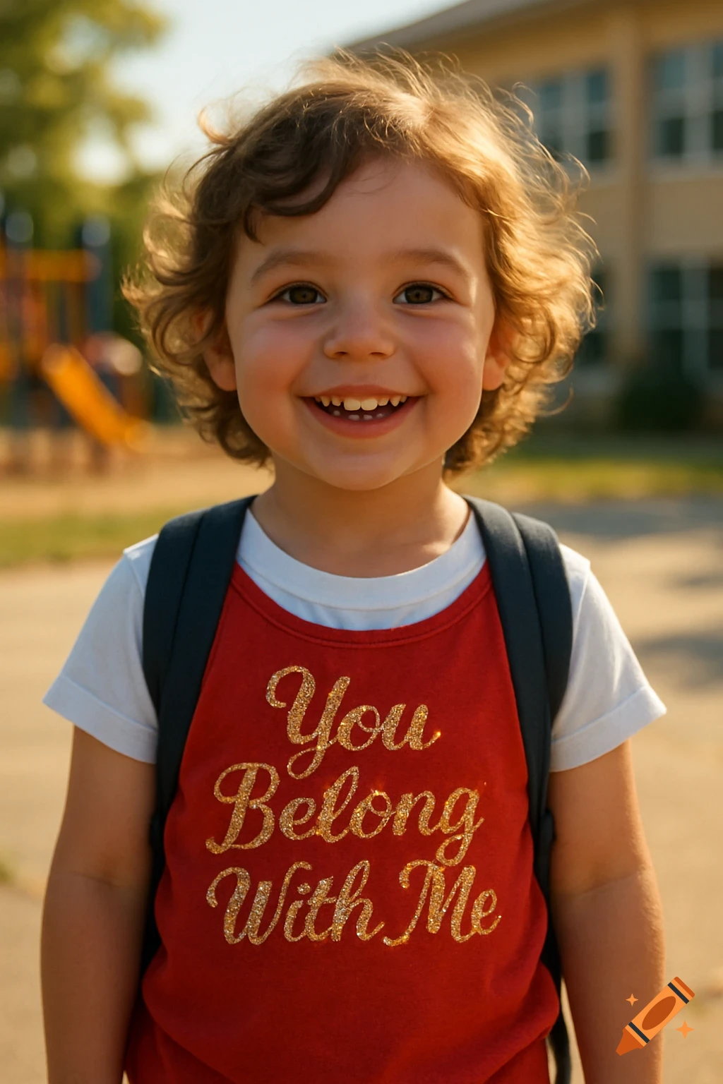 A smiling young child with curly hair wearing a red shirt with sparkly 'You Belong With Me' text and a backpack, standing outdoors.