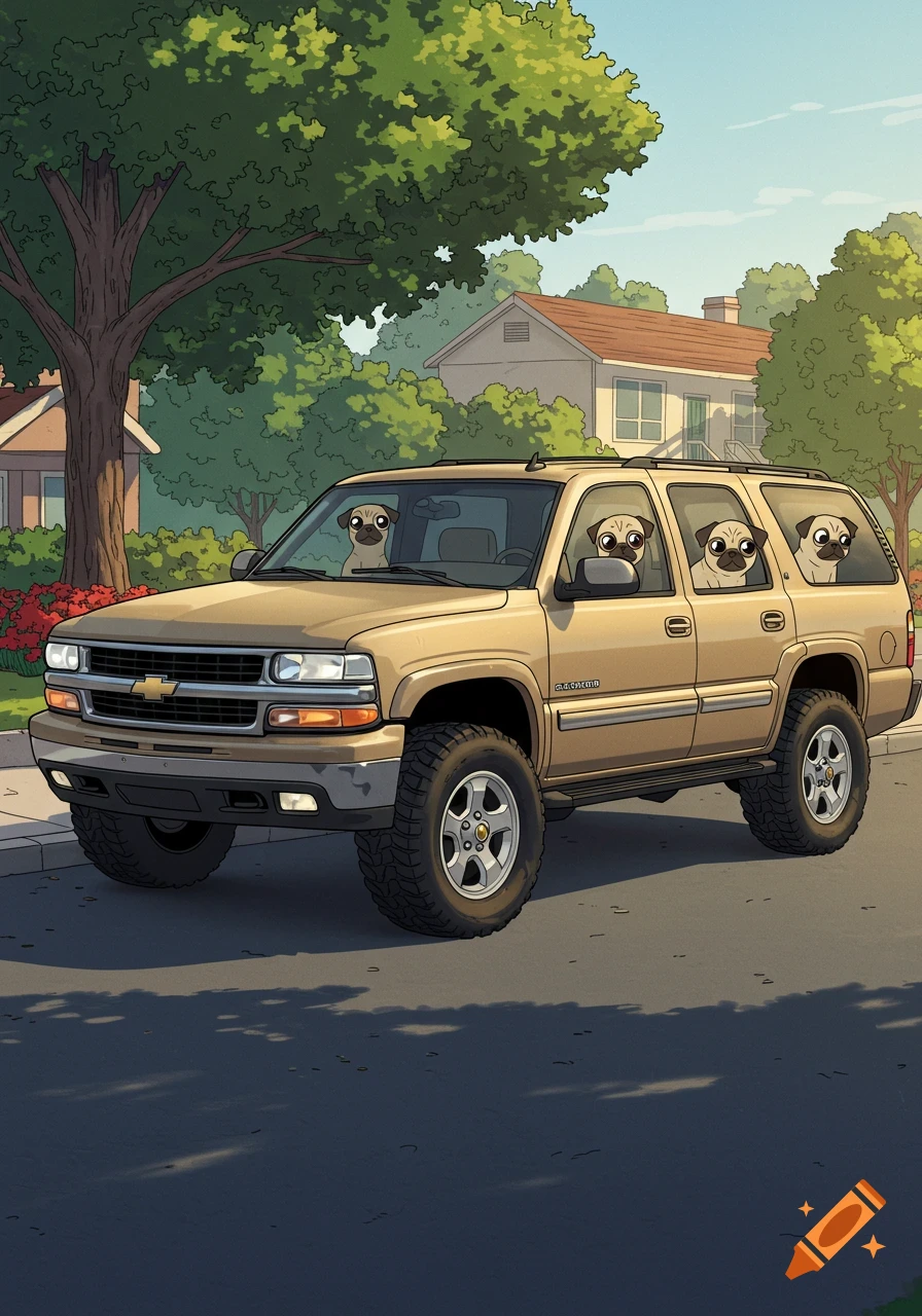 A cartoon beige Chevy Suburban with four cute pugs looking out of its windows, parked on a street in a tree-lined suburban neighborhood.