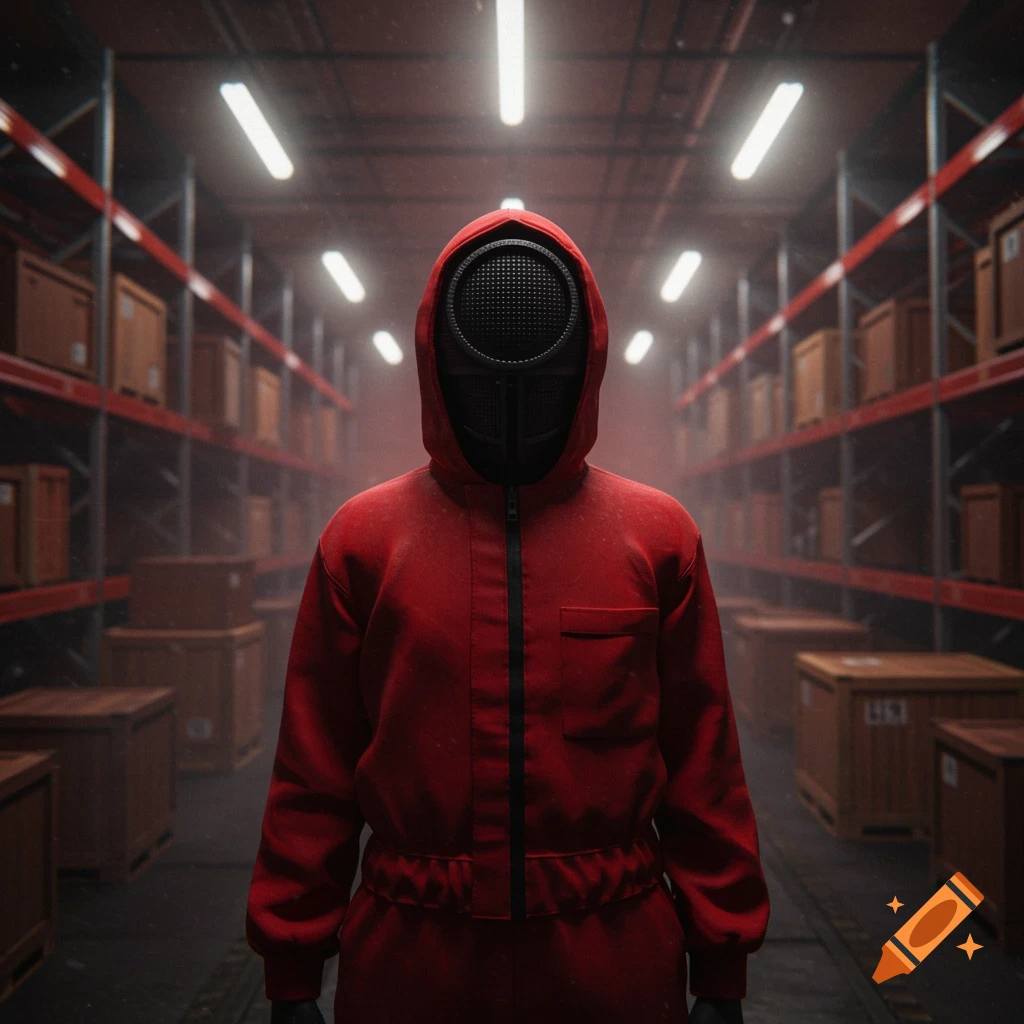 A masked character in a red jumpsuit stands in a dimly lit warehouse filled with shelves and wooden boxes.