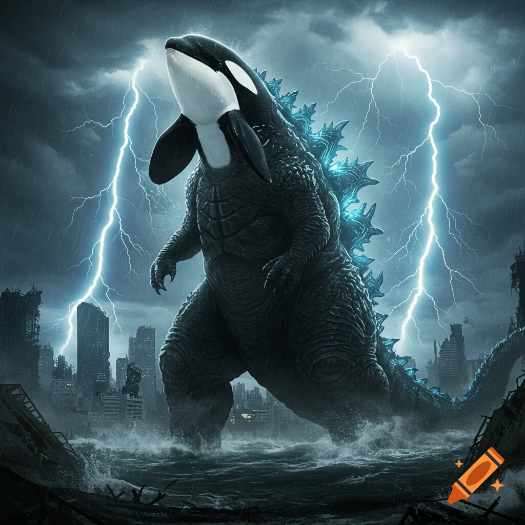 A towering Godzilla-like creature with an orca head stands in stormy waters amidst a ruined city, illuminated by lightning.