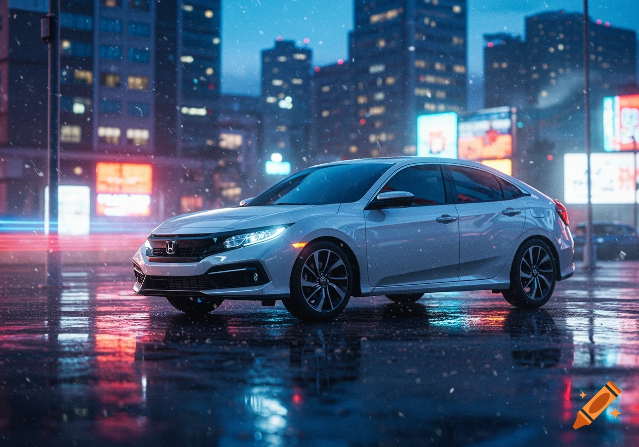 A white Honda Civic parked on a wet city street at night with snow falling and blurry neon lights in the background.