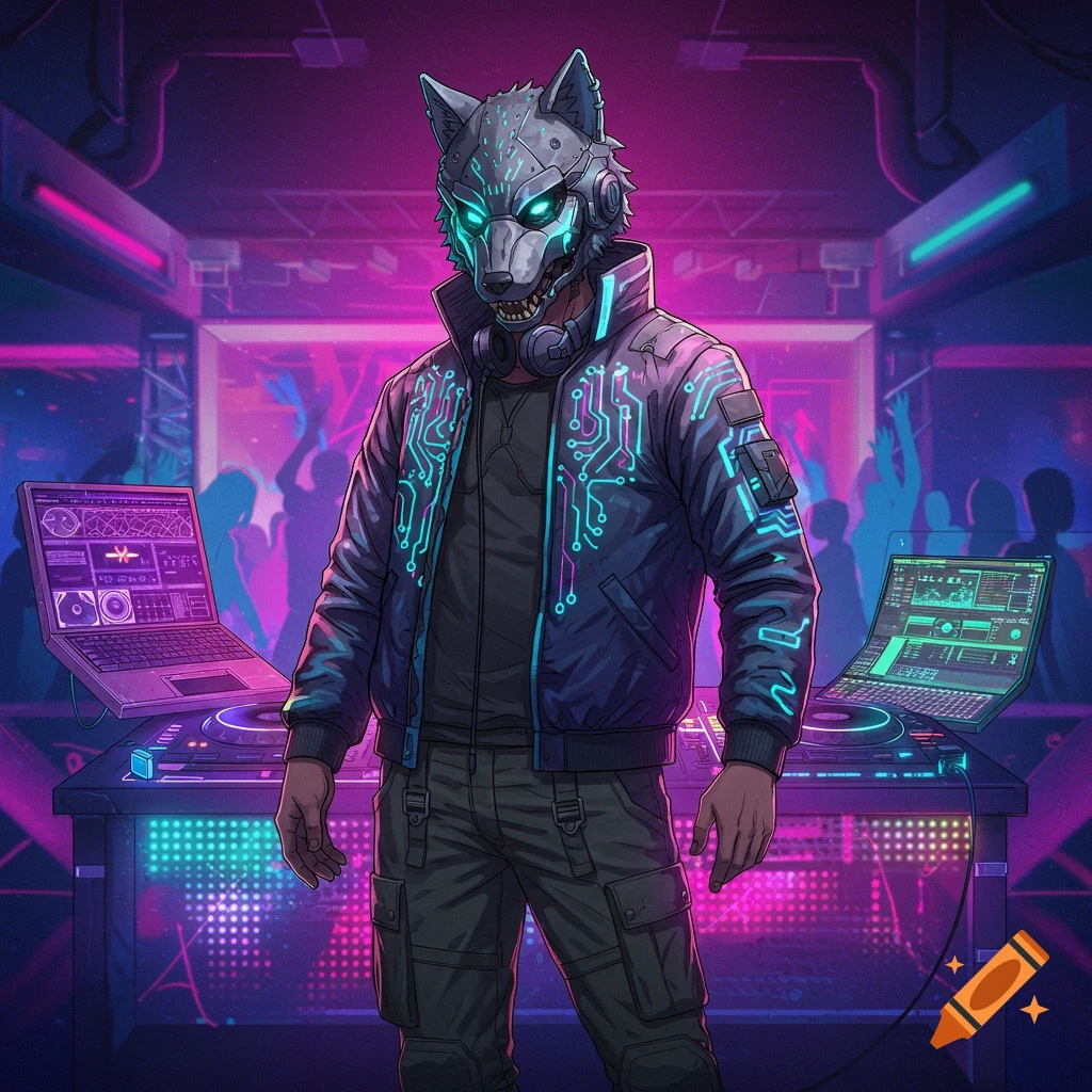 Anime-styled DJ wearing a wolf helmet and a neon circuit board bomber jacket, standing at a futuristic DJ booth in a cyberpunk nightclub.