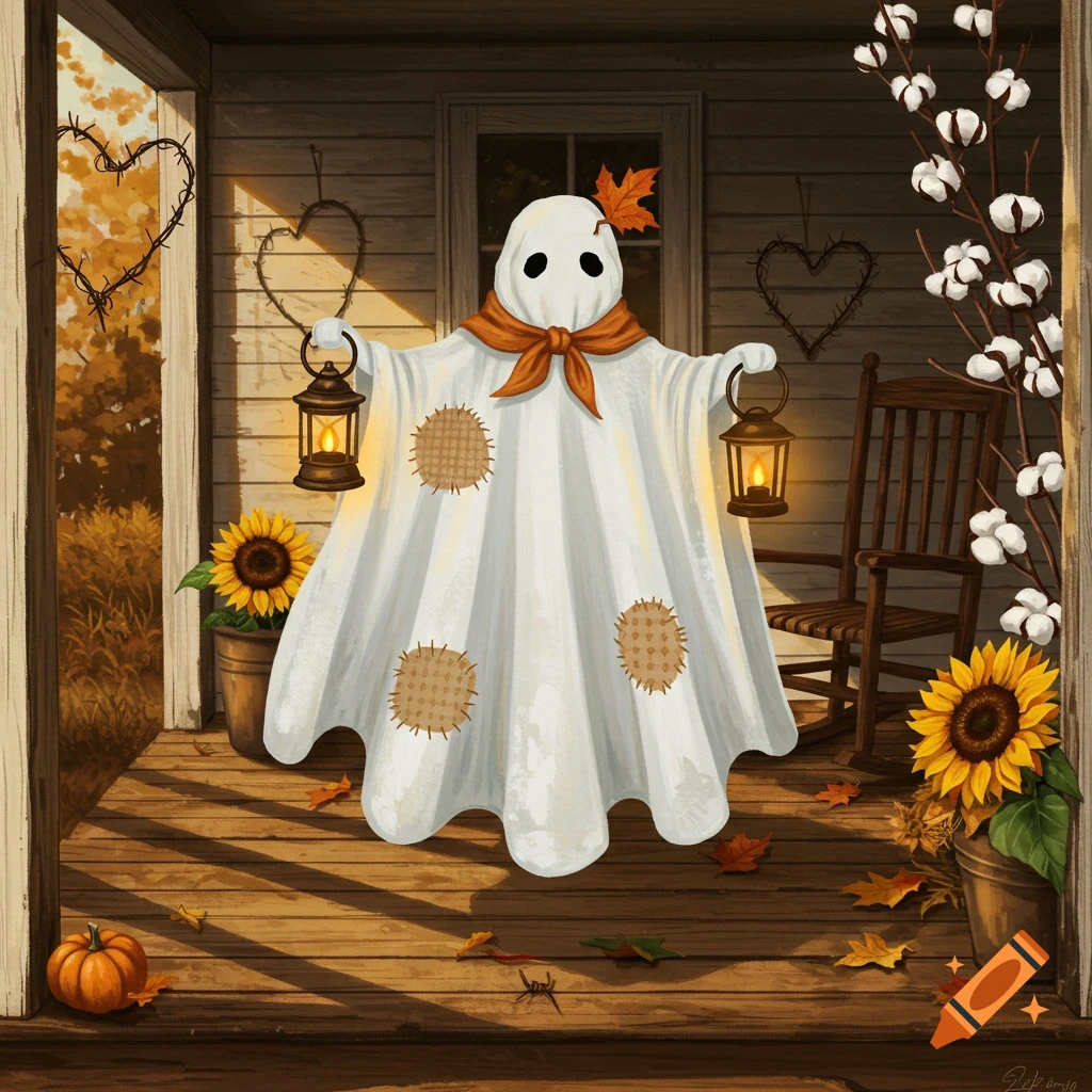 A cute, patched ghost holding lanterns on a rustic farmhouse porch with fall leaves, sunflowers, cotton, and a pumpkin.