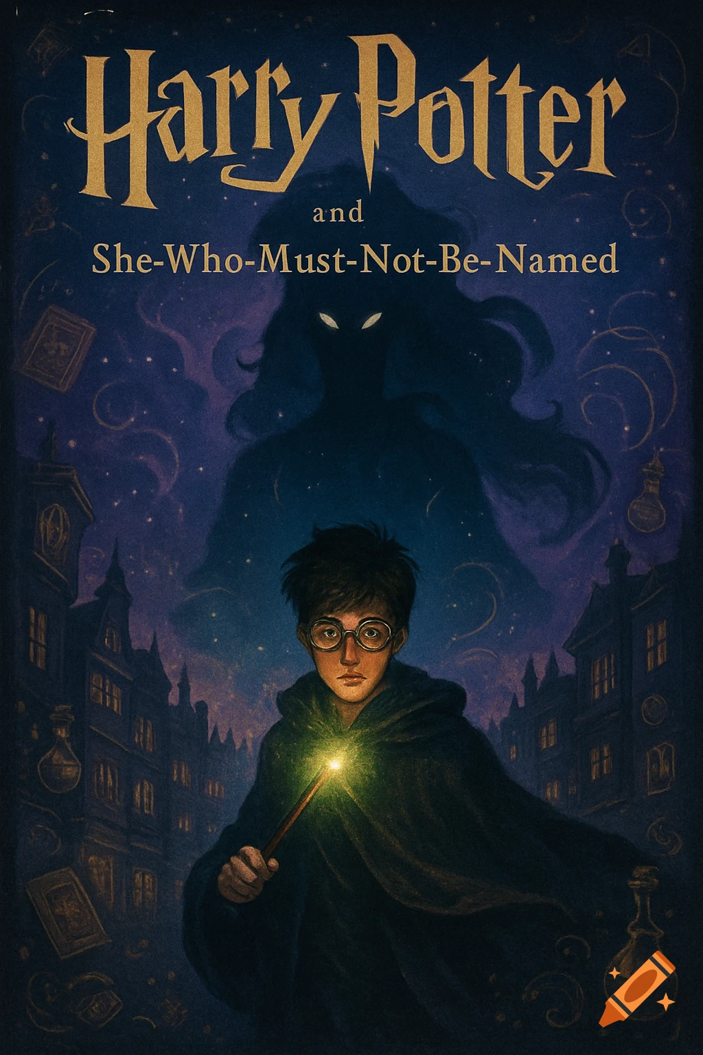 A book cover for 'Harry Potter and She-Who-Must-Not-Be-Named' showing young Harry with a glowing wand, a dark silhouette, and a magical city at night.