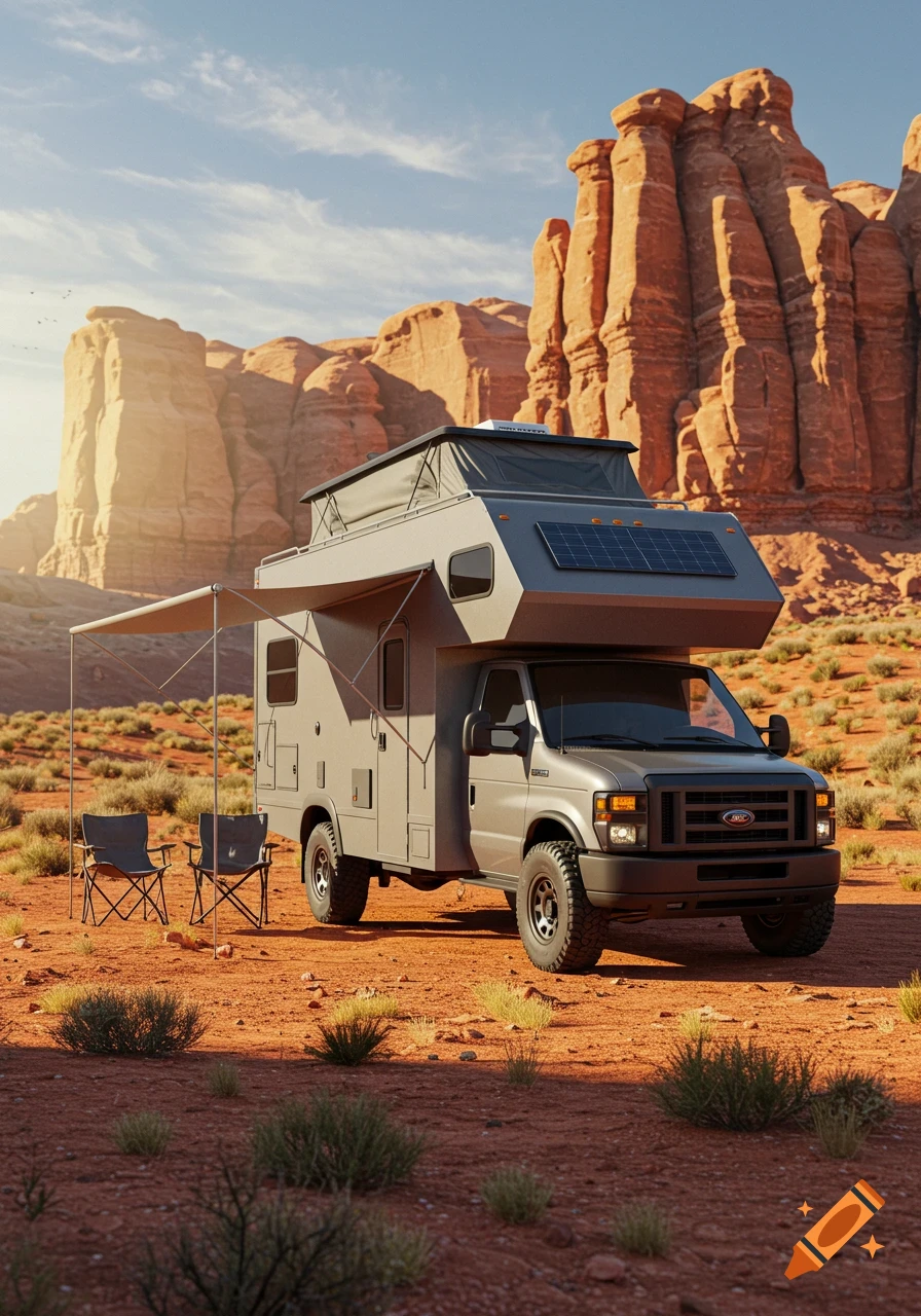 Photorealistic gray Ford E350 RV with an awning parked in a sunny desert with large red rock formations.