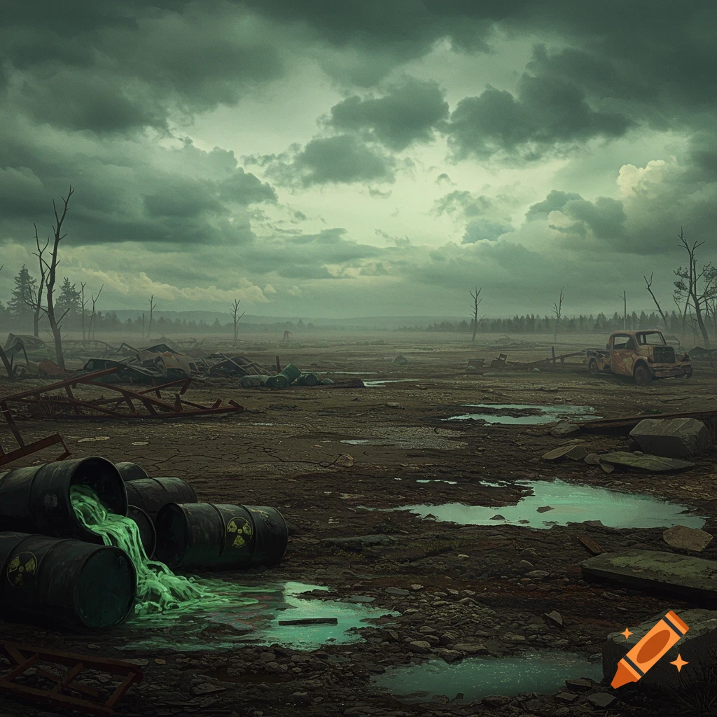 A desolate, muddy nuclear wasteland under a cloudy green sky, with overturned barrels spilling glowing green liquid, dead trees, and a rusted truck.