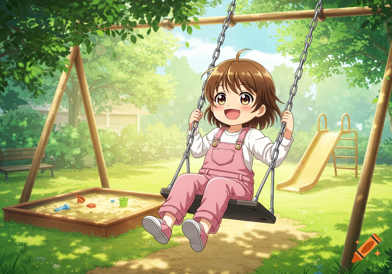 A brown-haired child in pink overalls swings happily in a sunny playground.