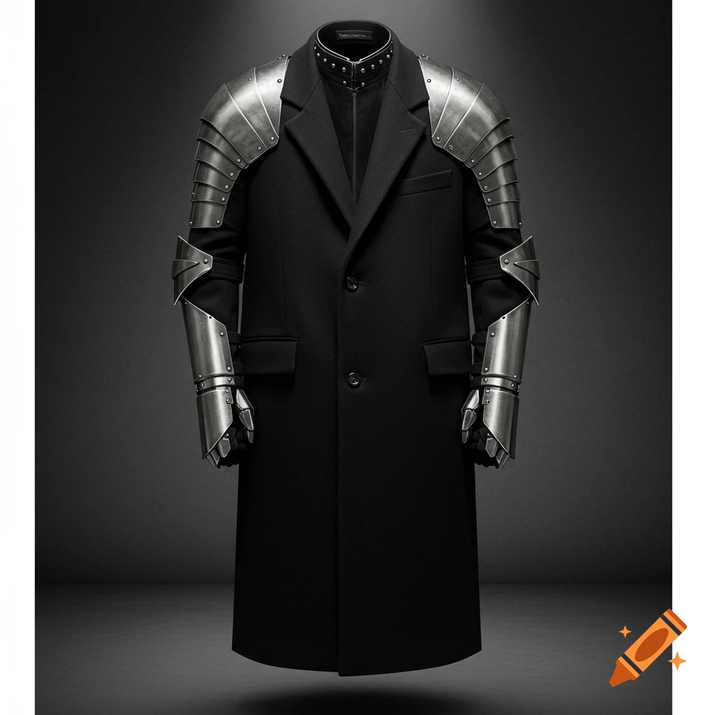 A black men's long coat with metal armor shoulder pads and arm guards, displayed against a dark background.