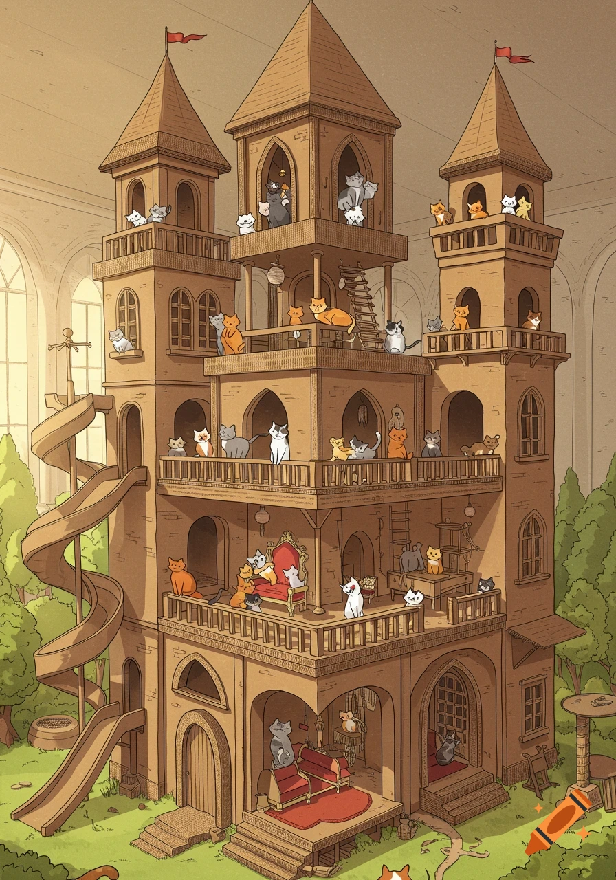 A whimsical illustration of a multi-story cardboard cat mansion, bustling with numerous cats lounging and playing on balconies and towers.