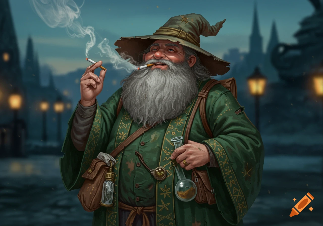 A smiling, obese wizard with a long white beard and green robes, smoking cigarettes, holding a flask in a city at night.