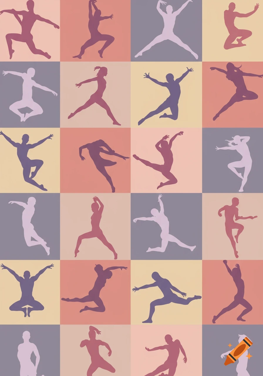 A grid of colorful squares, each featuring a solid silhouette of a person in a dynamic dance or action pose.
