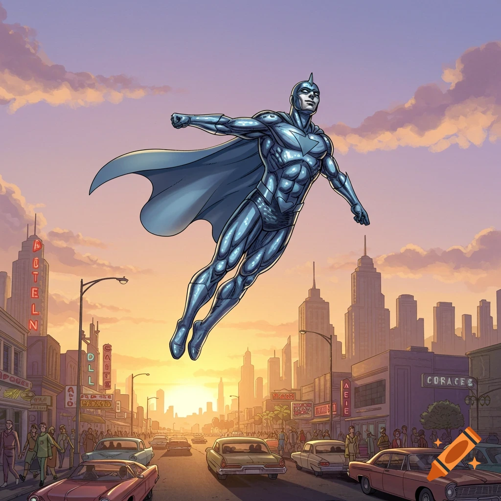 A muscular superhero in a blue metallic suit and cape flies over a city at sunset, in a comic book art style.
