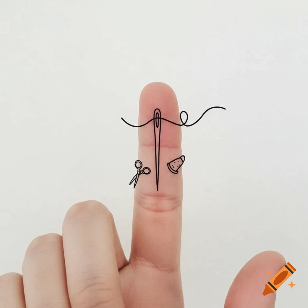 A minimalist line art tattoo design on a finger featuring a sewing needle with thread, scissors, and a thimble.