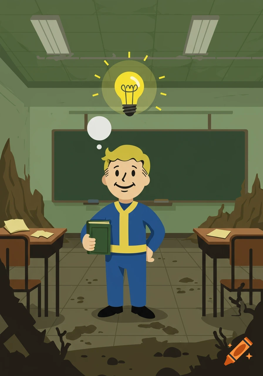 Cartoon illustration of Vault Boy holding a book in a dilapidated classroom with a lightbulb thought bubble.