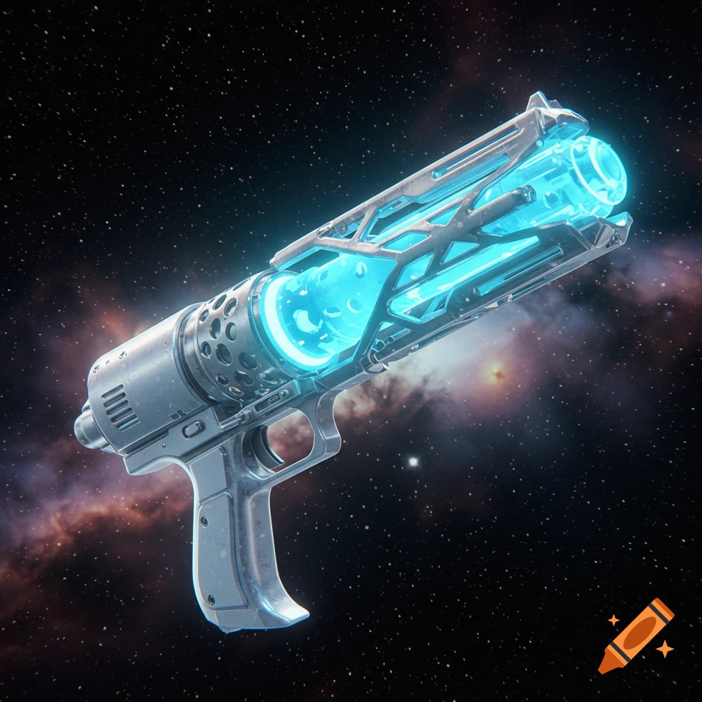 A futuristic space gun with a glowing blue core, set against a starry galaxy background.