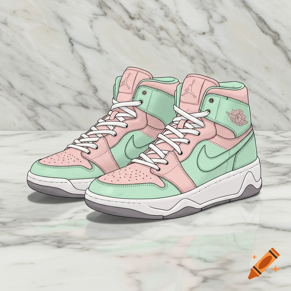 A pair of high-top sneakers in baby pink and mint green with white laces and a Jordan logo, set against a marble background in an illustrated style.