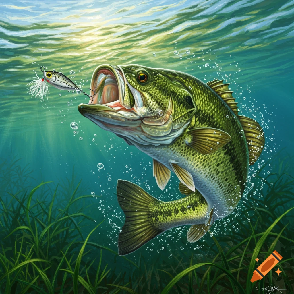 A vibrant illustration of a largemouth bass lunging towards a spinnerbait lure underwater, with sunlight filtering through the water.