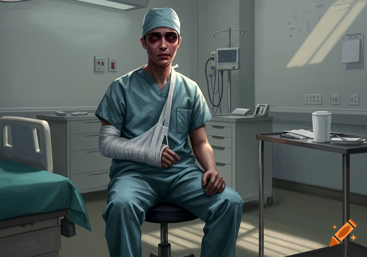 A person in blue scrubs with dark bruised eyes and a broken arm in a sling sits in a hospital room.