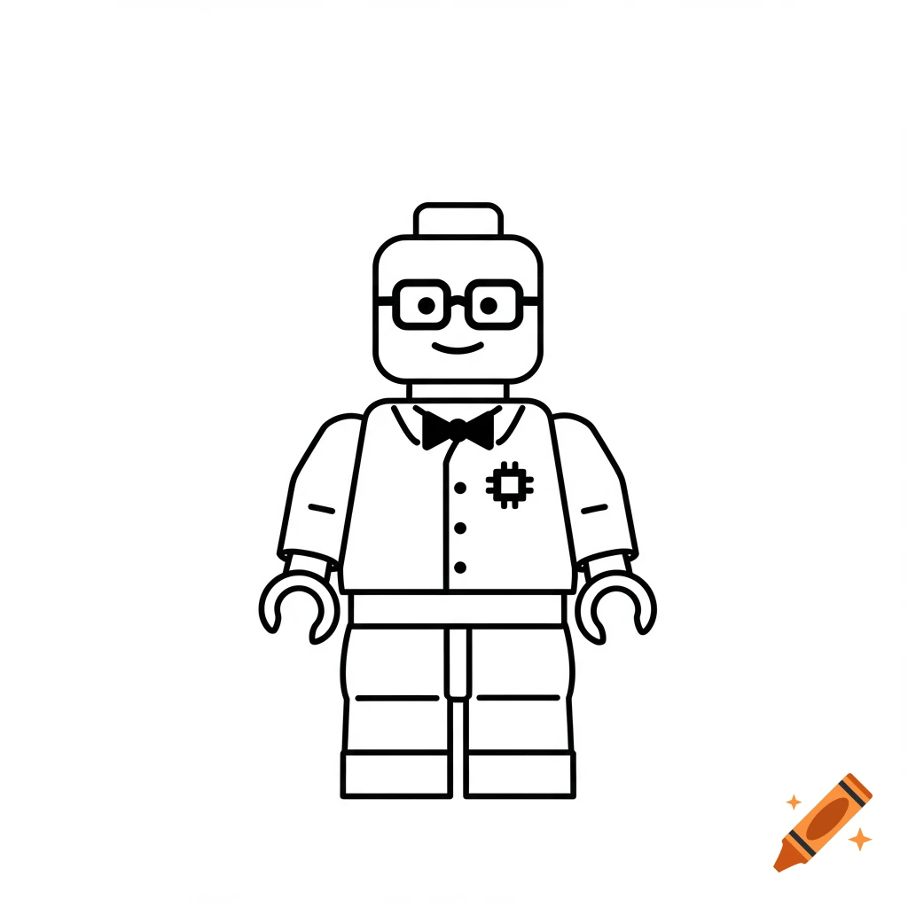 A 2D line art illustration of a LEGO minifigure with glasses, a bow tie, and a computer chip icon on its chest.