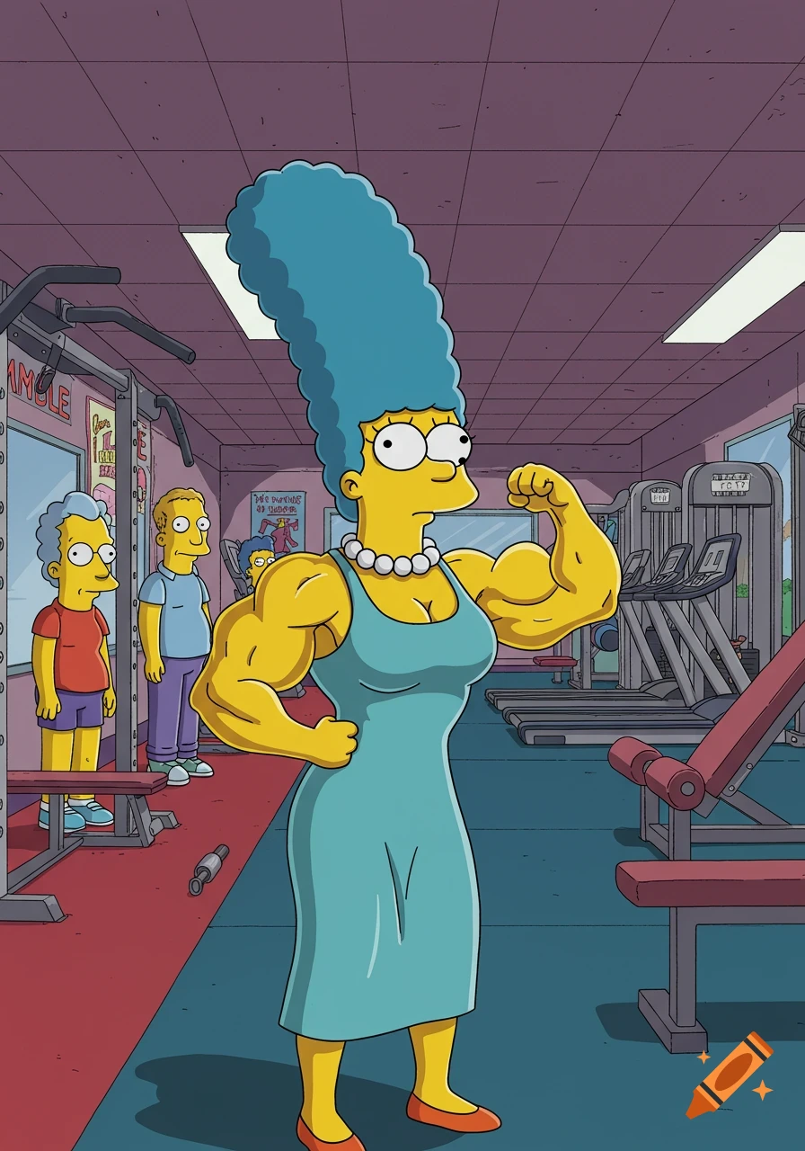 Marge Simpson, with large muscles, flexes her bicep in a cartoon gym setting while two male characters watch in the background.