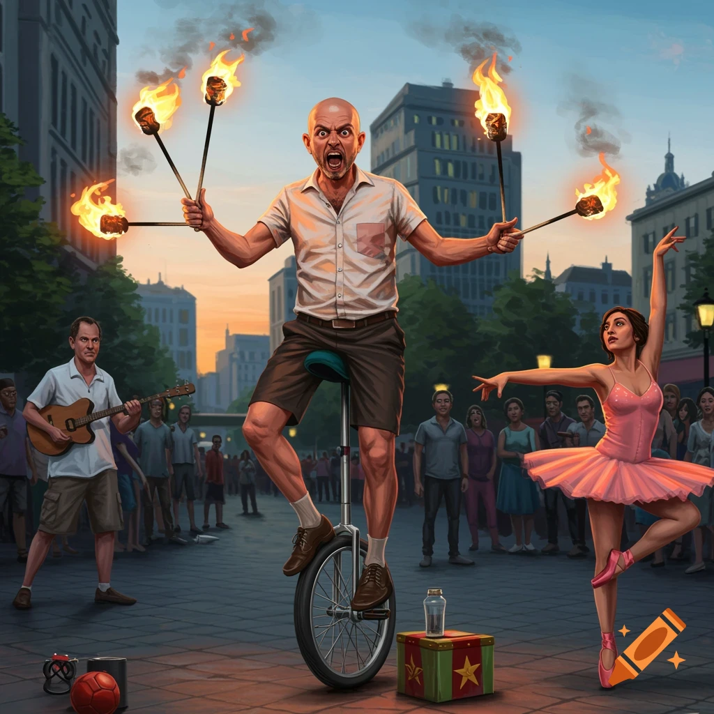 A bald man on a unicycle juggles flaming torches, with a guitarist and a ballerina performing on a city street at sunset.