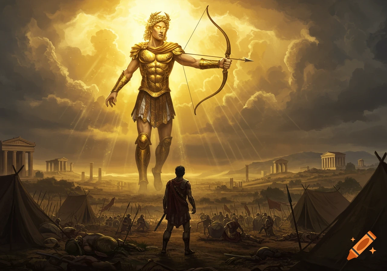 A giant golden god, Apollo, stands over a chaotic ancient battlefield with temples and fallen soldiers bathed in golden light.