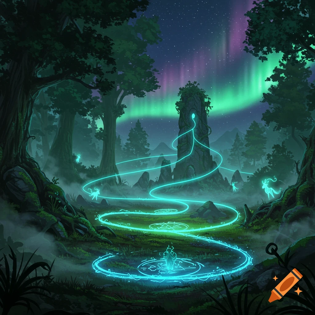 A mystical forest night scene with glowing blue energy lines, ancient stone structures, and ethereal figures under a vibrant aurora.