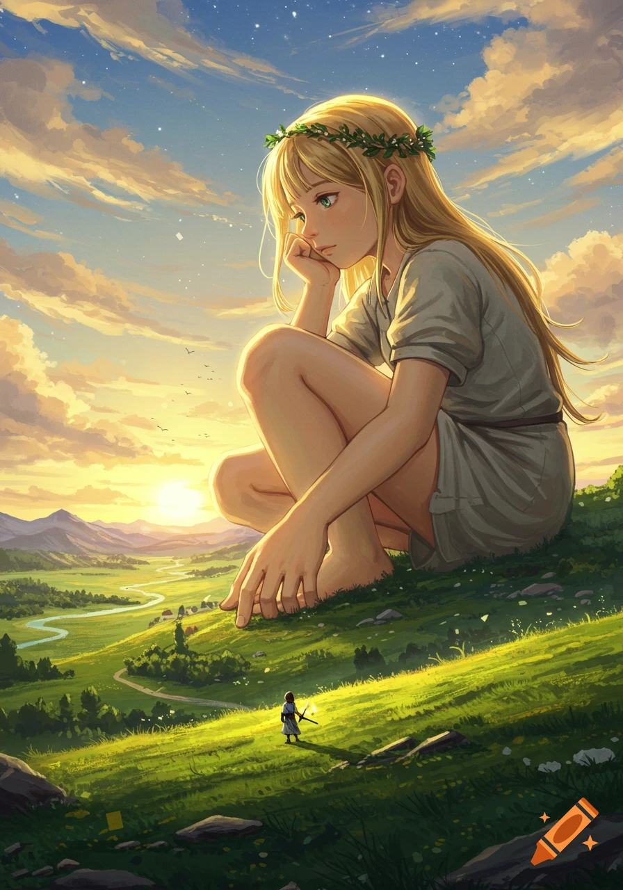 Anime illustration of a giant blonde girl sitting on a grassy hill overlooking a vast green valley with a tiny figure, at sunset.