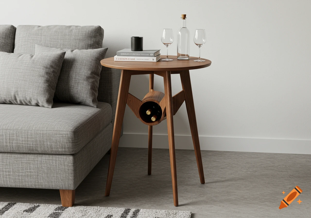 Photorealistic image of a wooden round side table with wine storage next to a grey sofa in a modern living room.