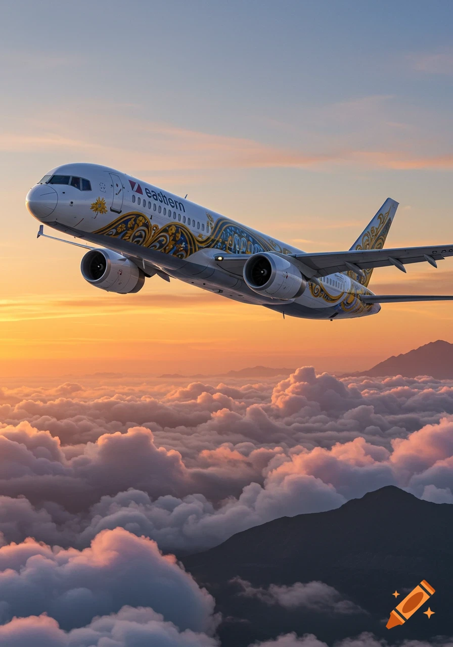 A white passenger airplane with blue and gold decorative patterns flies through a cloudy sky at sunset, with mountains below.