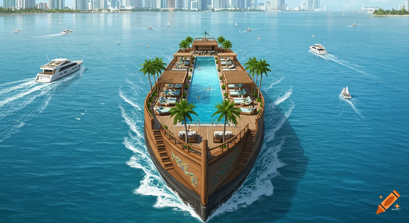 A luxurious wooden barge with a central swimming pool and palm trees sails on blue water, with a city skyline in the background.
