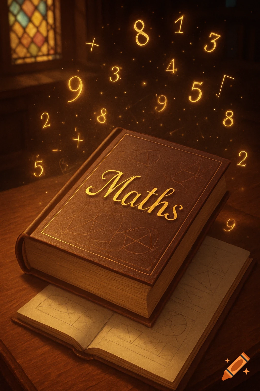 A brown book with "Maths" written in gold on its cover, surrounded by glowing golden numbers and mathematical symbols in a dimly lit room.