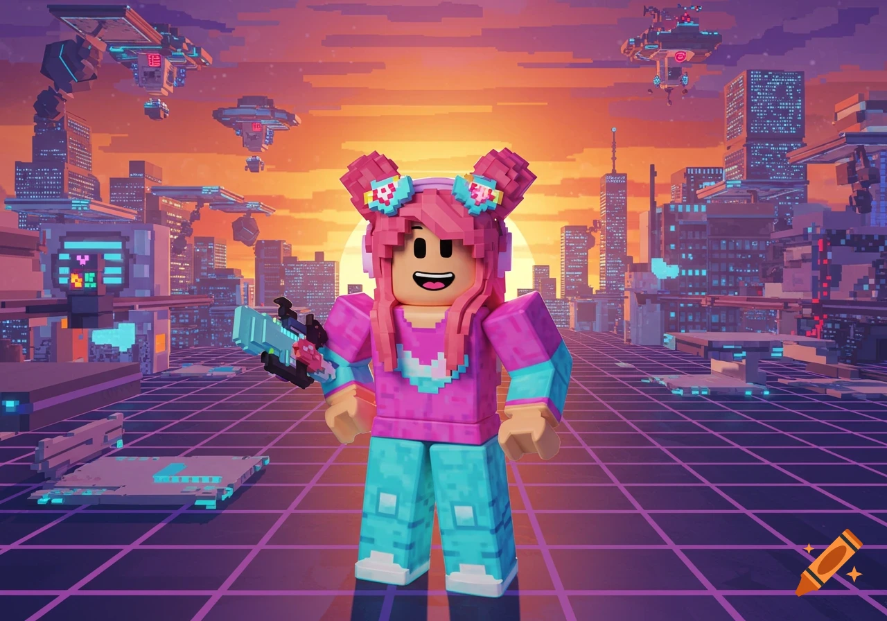 A Roblox character with pink hair and a blue outfit stands in a pixelated cyberpunk city at sunset, holding a weapon.