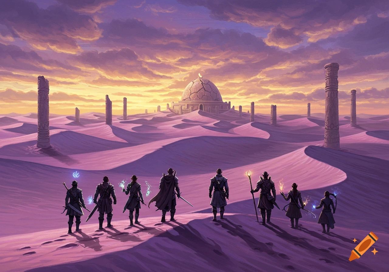 A party of fantasy adventurers walks through a vast purple desert towards an ancient dome and pillars under an orange and purple sky.