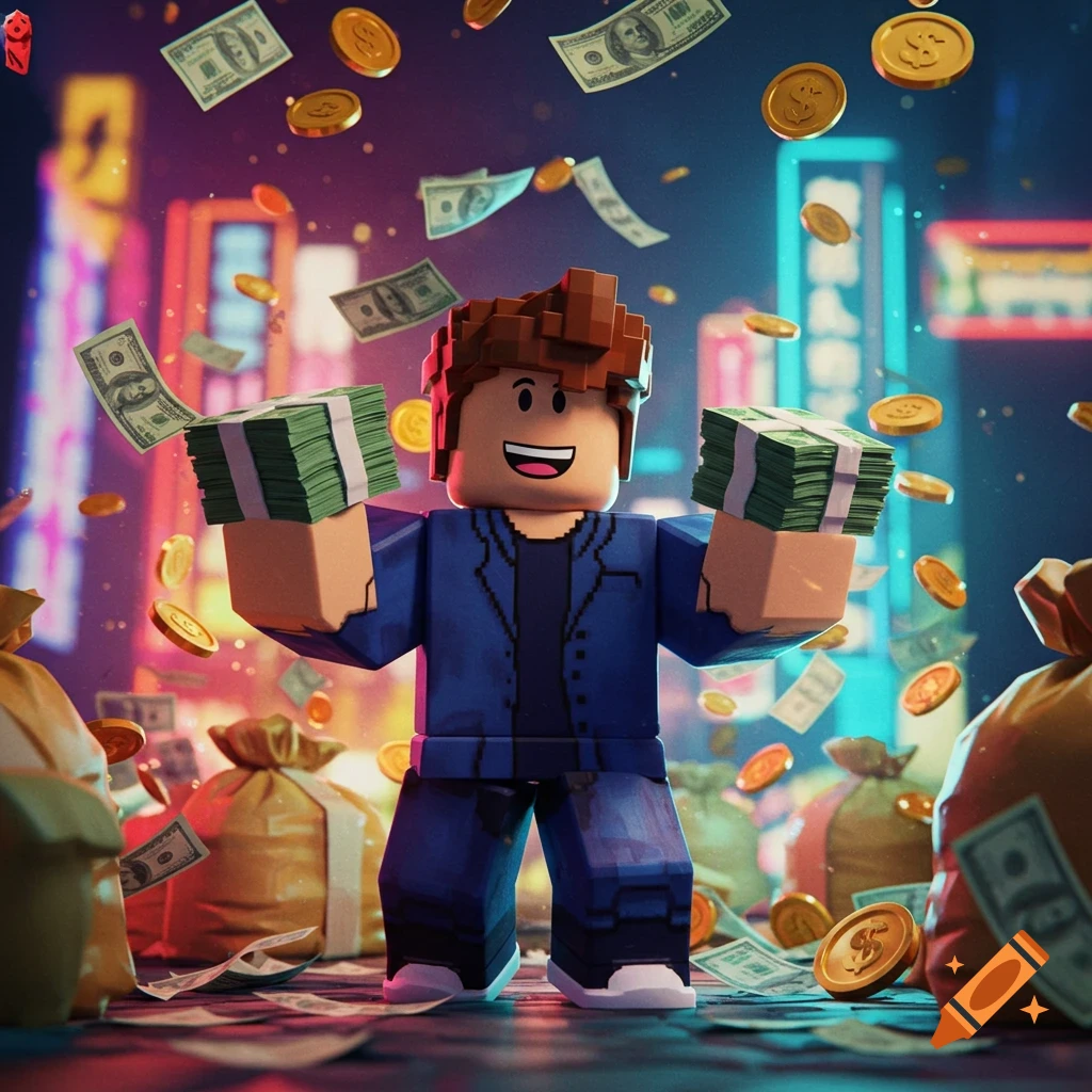 A Roblox-style character in a blue suit holds stacks of cash with more money and gold coins flying around in a neon-lit city at night.
