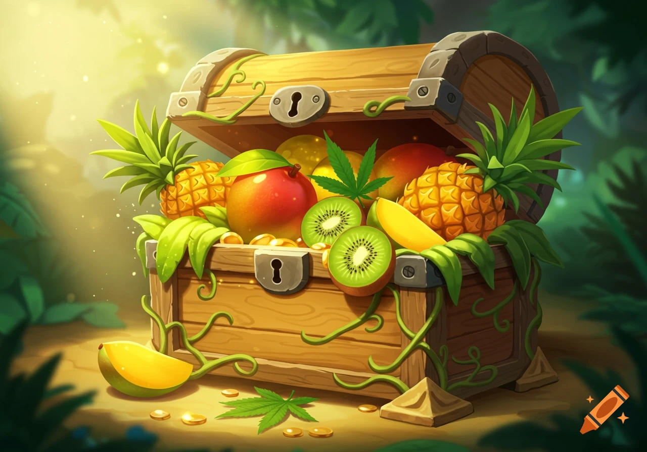 A stylized wooden loot chest overflows with pineapples, mangoes, kiwis, coins, and cannabis leaves, set in a lush, sunlit jungle.