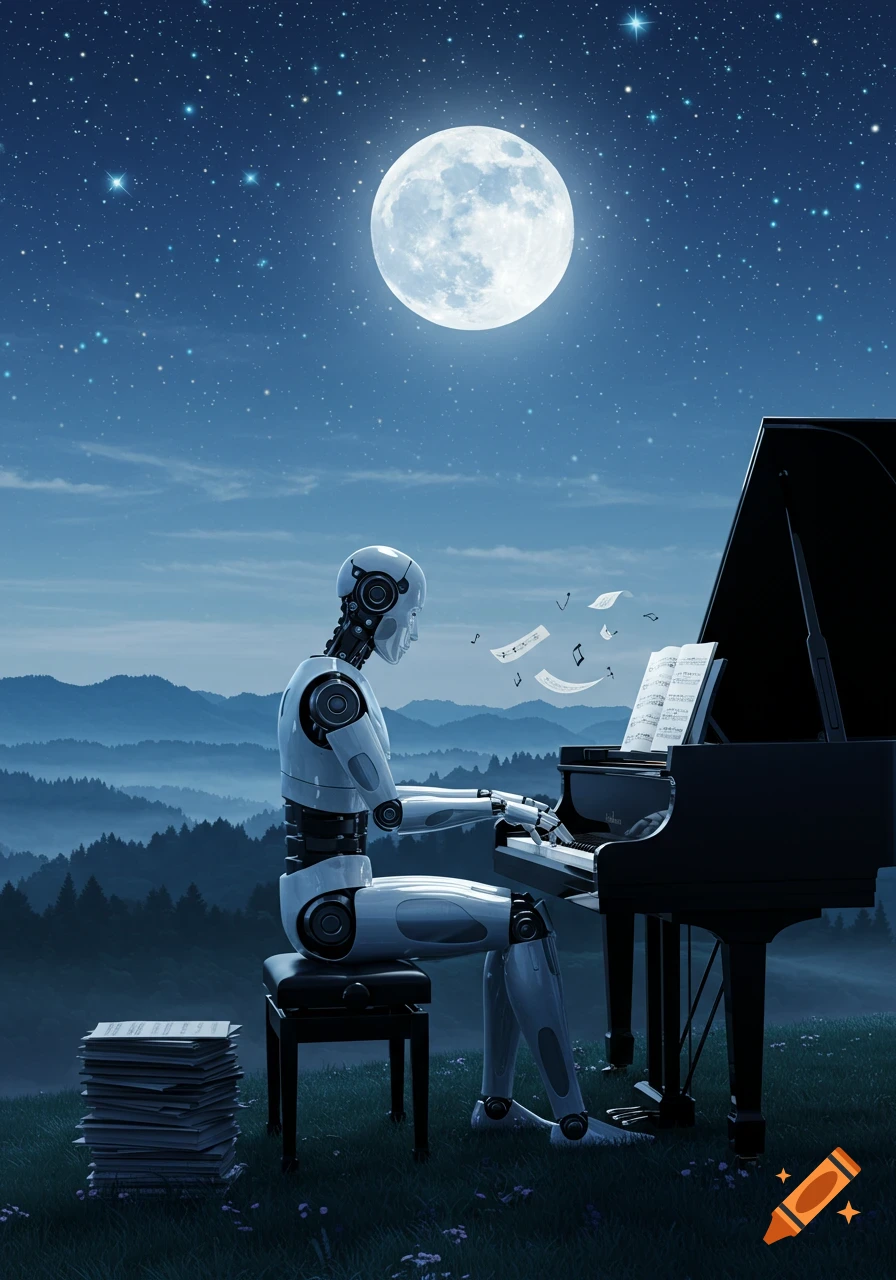 A white robot plays a grand piano on a grassy hill under a large full moon and a starry night sky.