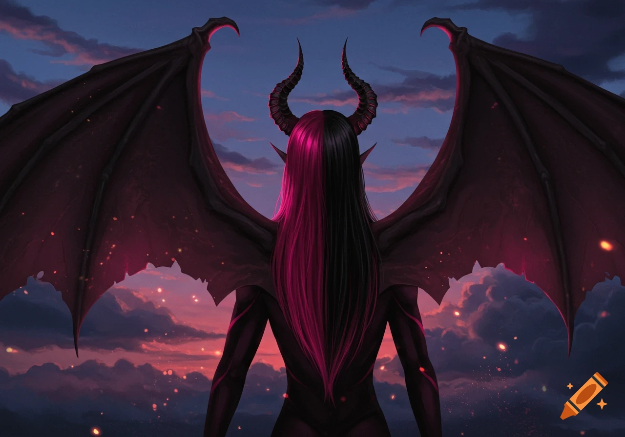 Back view of a demon woman with pink and black hair, horns, and bat wings against a sunset sky.