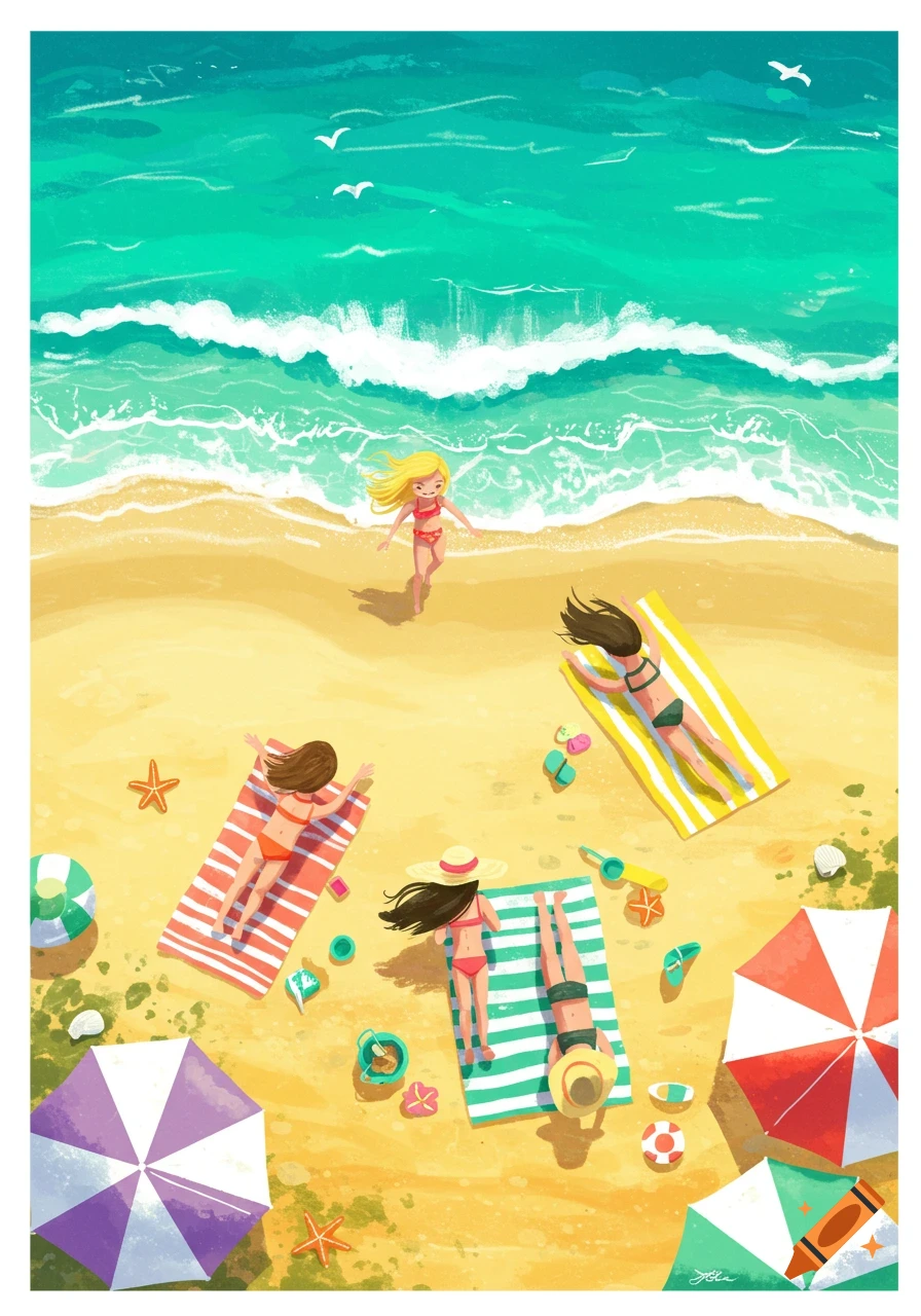 An aerial illustration of a vibrant beach scene with people sunbathing under colorful umbrellas and one person running into the turquoise ocean.