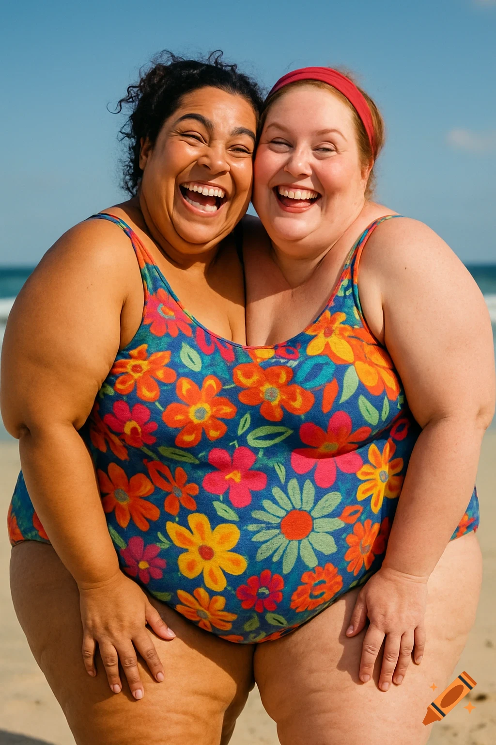 Two joyful, plus-size women in colorful swimsuits embracing on a sunny beach.