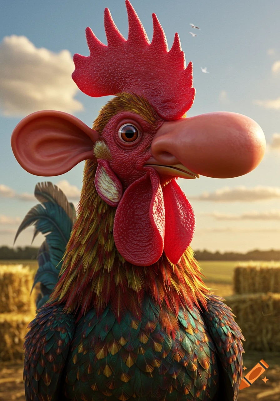 Close-up photorealistic and stylized portrait of a rooster with large ears and a bulbous nose, in a field with hay bales.