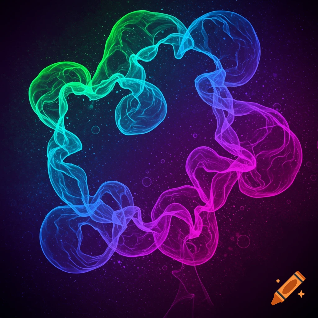 Abstract swirling translucent smoke in green, blue, and purple on a dark, speckled background.