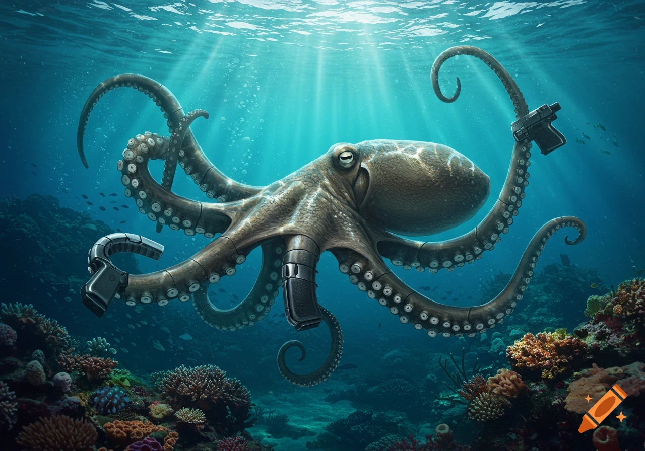 A photorealistic image of an octopus holding guns while swimming in the ocean amidst coral reefs.