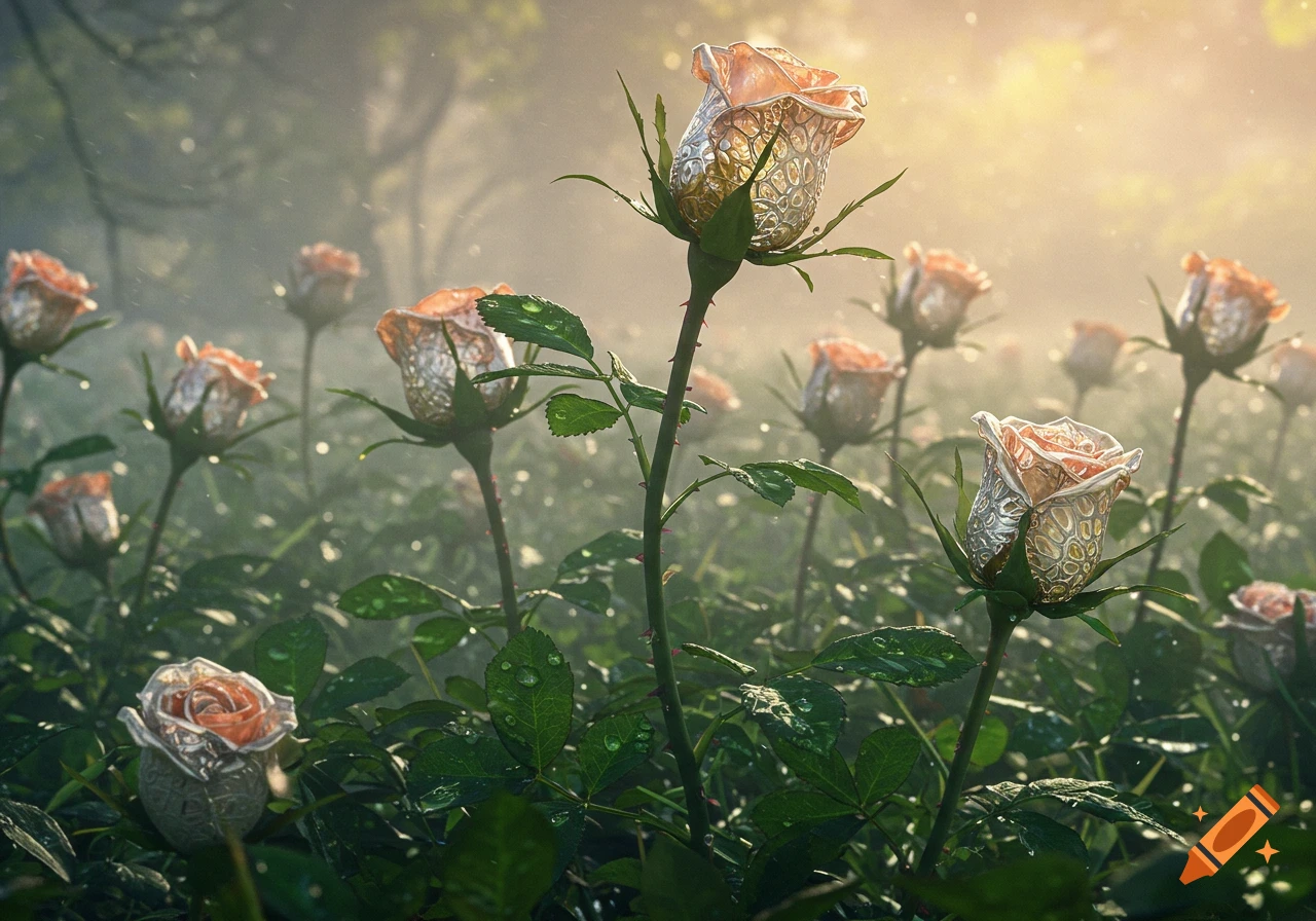 A field of armored rosebuds with dew drops, glistening in a misty, sunlit garden.