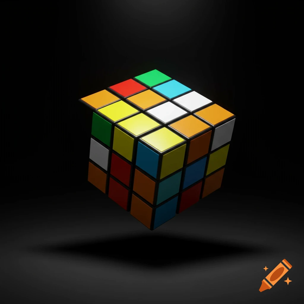 A colorful Rubik's cube floating in a dark void, illuminated by light.