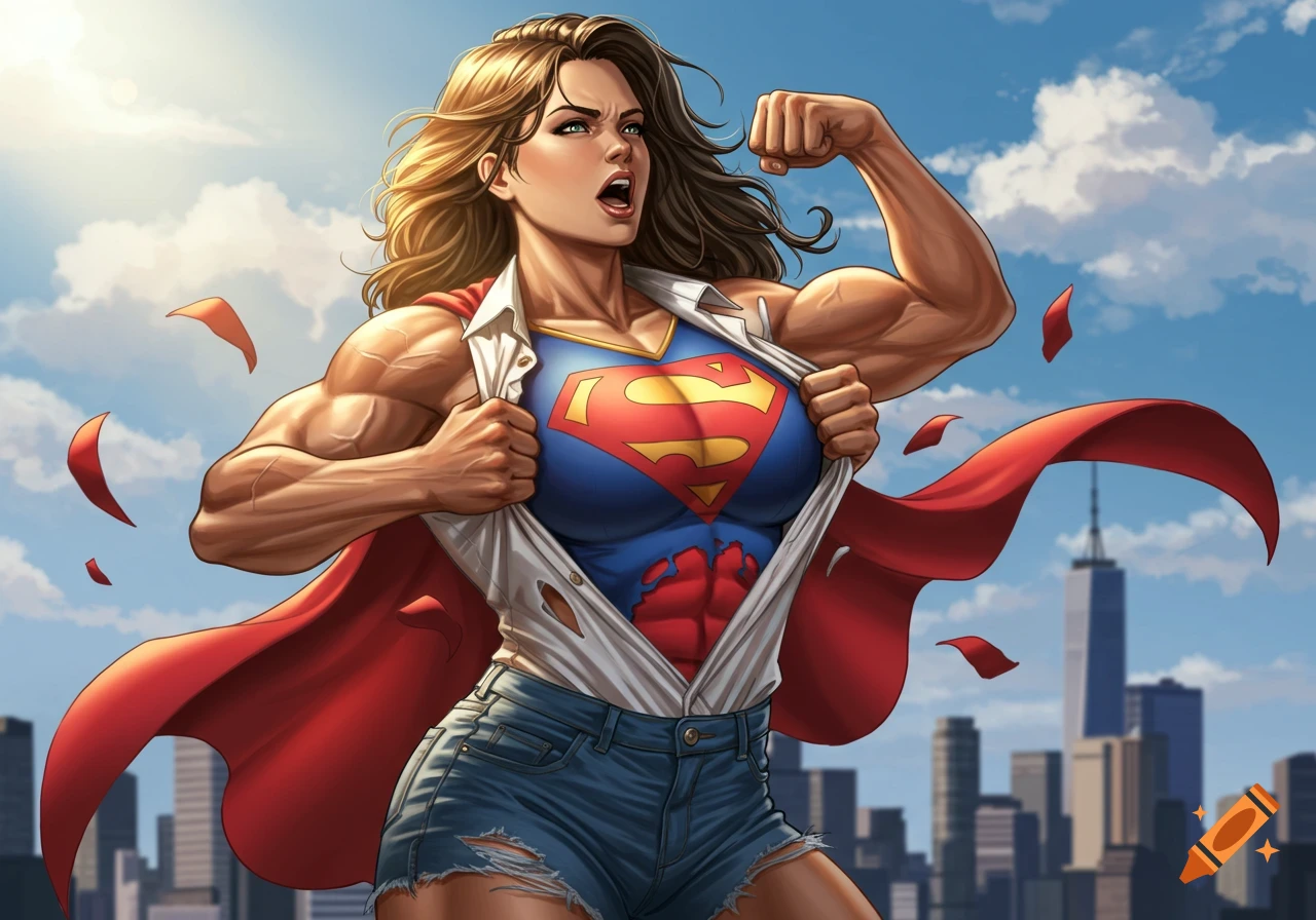 A muscular Superwoman rips open her white shirt to reveal her blue and red costume with the 'S' shield, set against a city skyline.