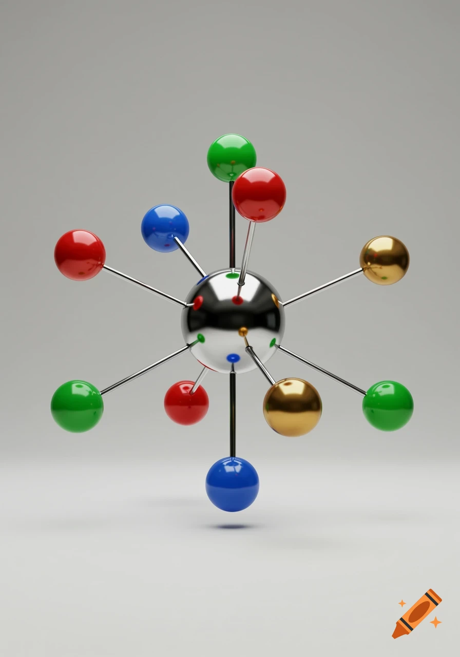 A photorealistic 3D render of a central metallic sphere with colorful red, blue, green, and gold spheres attached by silver rods, on a gray background.