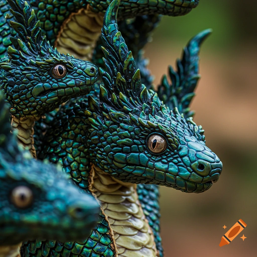 Close-up of a multi-headed serpent-like creature with shimmering green scales and reptilian eyes.